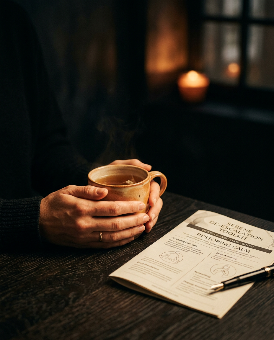 Calm hands holding a warm mug beside a printed de-escalation toolkit