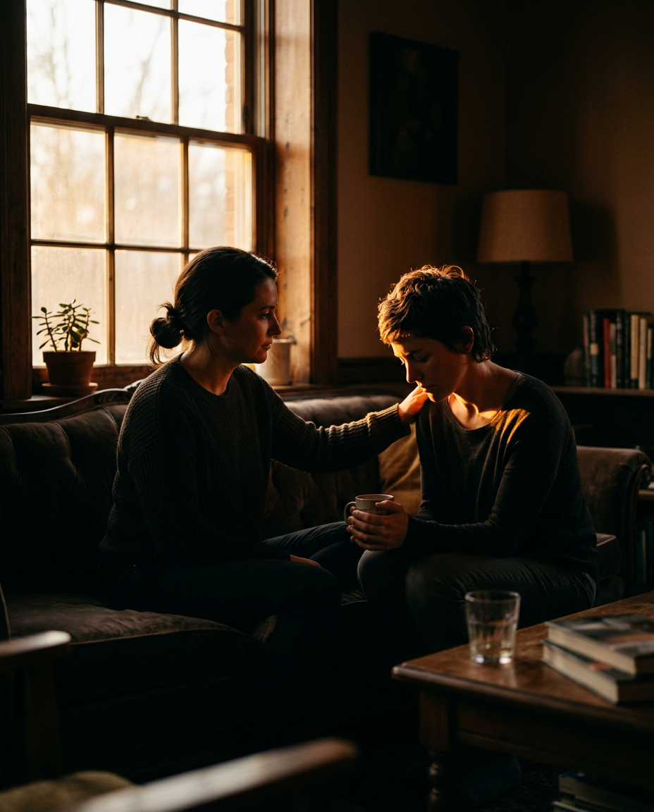 Two people sitting together in warm light offering compassionate peer support