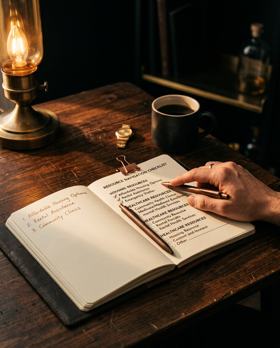 Resource navigation checklist and notebook under warm amber lamplight