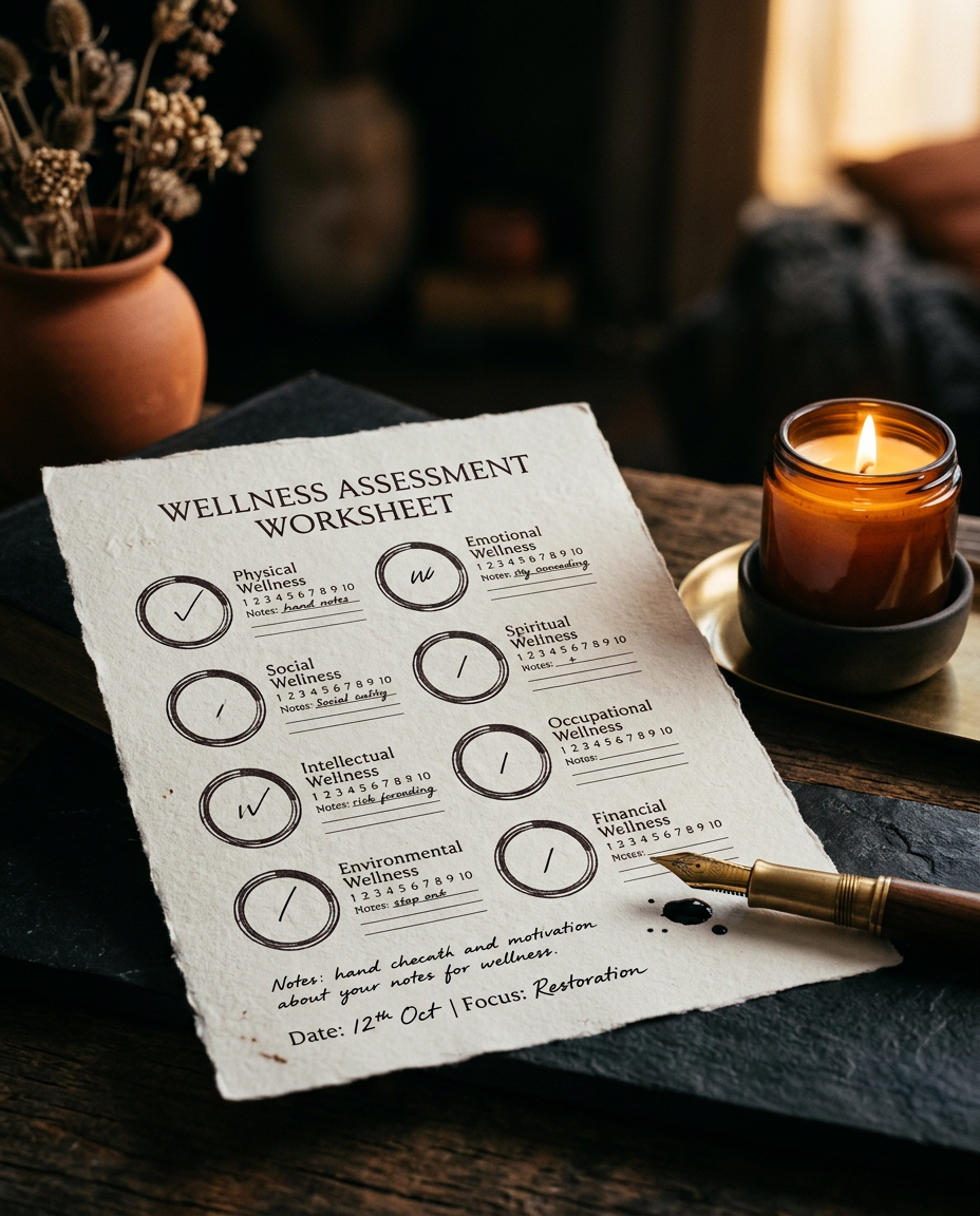 Wellness assessment worksheet with eight dimension markers beside a candle